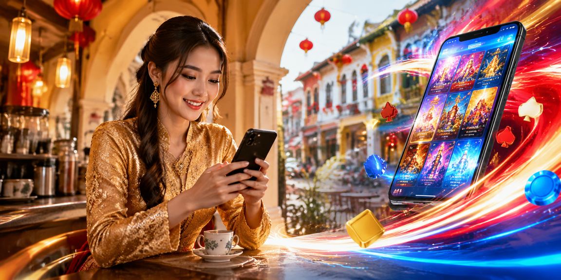 Pengguna menyemak tiket loteri m4a1 di telefon bimbit sambil memakai pakaian tradisional di Ipoh